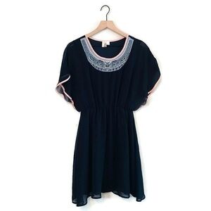 Bird Cage Francesca’s Navy Blue Sheer Blouson Beaded Short Sleeve Dress Large